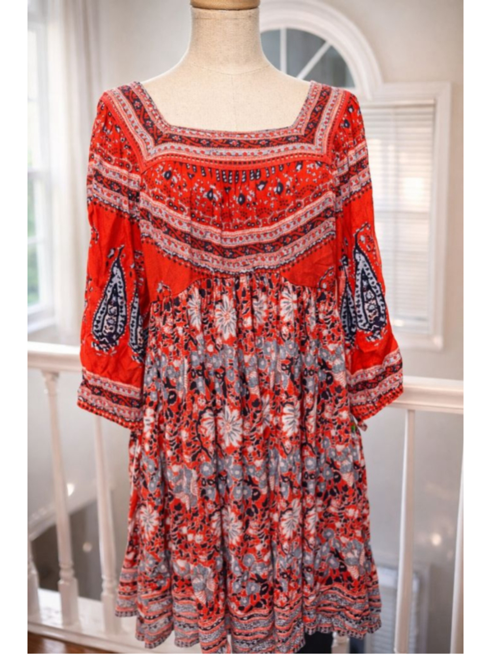 Free People Boho Mini Dress Red Floral Paisley Open Back Long Sleeve Medium